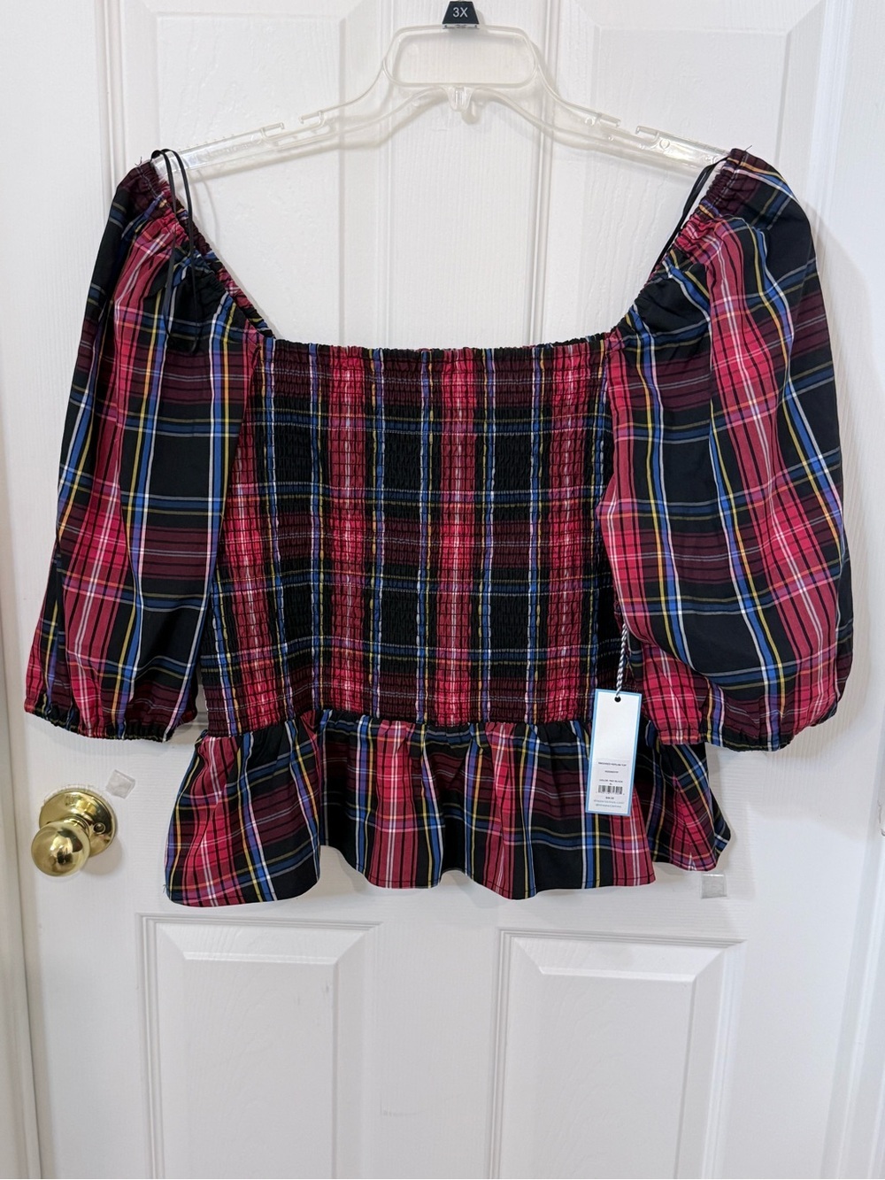 Draper James Pink & Black Plaid Smocked Off-Shoulder Top NWT